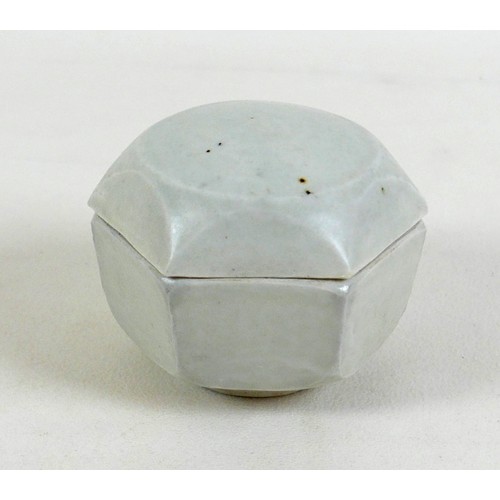 68 - A Bernard Leach studio pottery hexagonal lidded pot for incense, decorated in white and celadon glaz... 