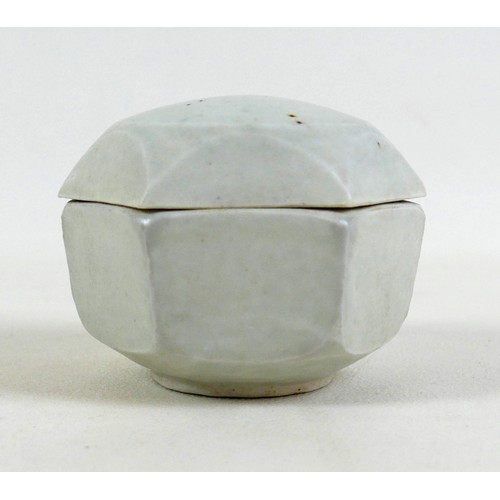 68 - A Bernard Leach studio pottery hexagonal lidded pot for incense, decorated in white and celadon glaz... 