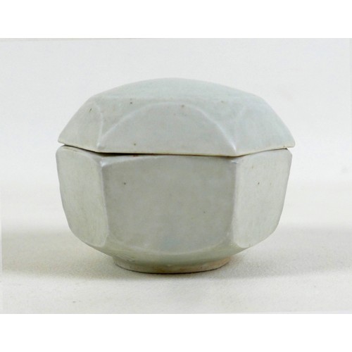 68 - A Bernard Leach studio pottery hexagonal lidded pot for incense, decorated in white and celadon glaz... 