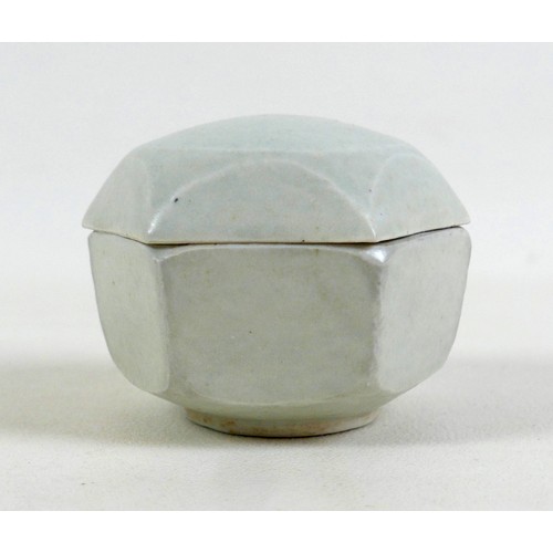 68 - A Bernard Leach studio pottery hexagonal lidded pot for incense, decorated in white and celadon glaz... 