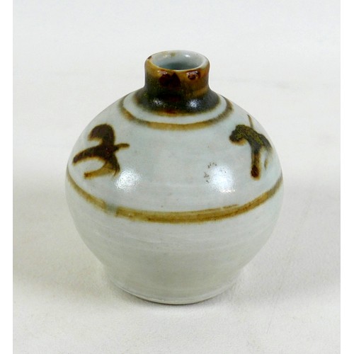 62 - A Bernard Leach studio pottery small vase, decorated in brown and white glaze, impressed 'England' a... 