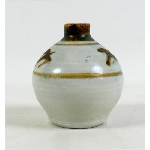 62 - A Bernard Leach studio pottery small vase, decorated in brown and white glaze, impressed 'England' a... 