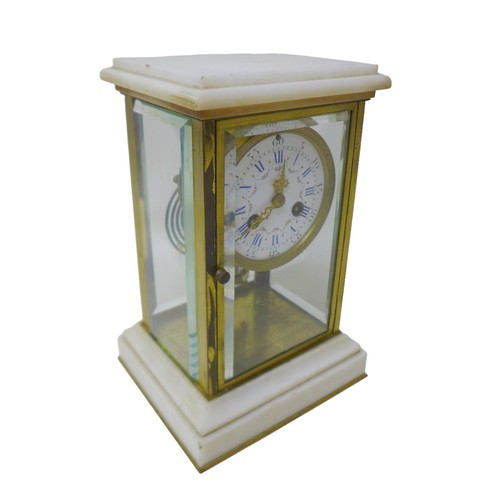 117 - A 19th century marble and glass panelled, mantel clock, with brass frame, Roman numeral dial, twin t... 