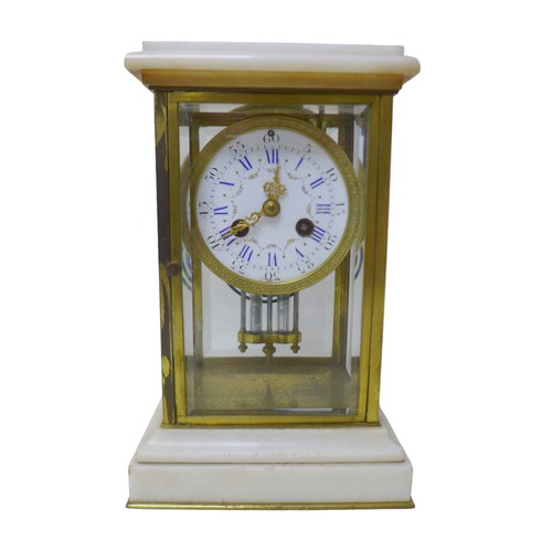 117 - A 19th century marble and glass panelled, mantel clock, with brass frame, Roman numeral dial, twin t... 