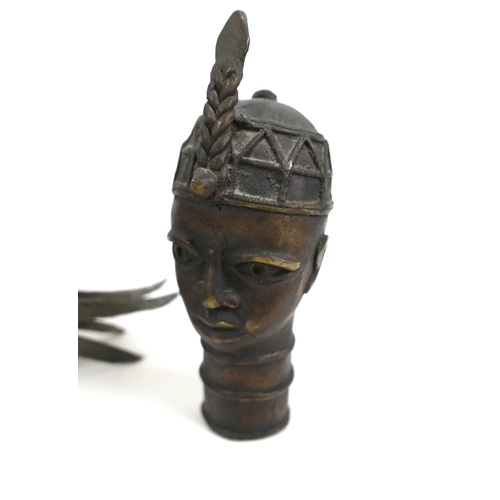 77 - A group of metal items, including a Chinese cloisonne enamel box, a Benin style bronze head, a Chine... 