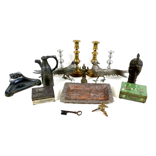 77 - A group of metal items, including a Chinese cloisonne enamel box, a Benin style bronze head, a Chine... 