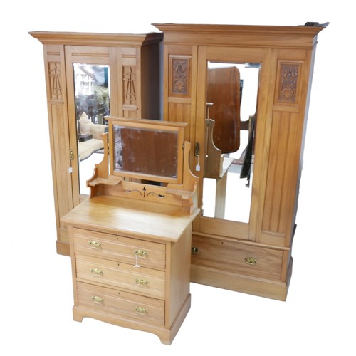 365 - An Edwardian satin walnut bedroom suite, two single wardrobes, 116 by 51 by 206cm high and 99 by 48.... 