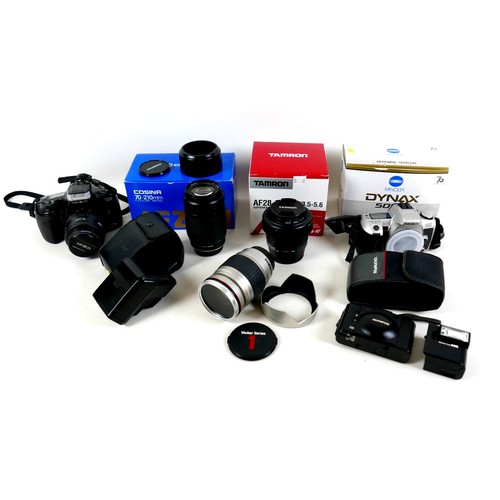 114 - A small group of cameras and photographic equipment, comprising an Olympus XA3 and A16 Electronic Fl... 