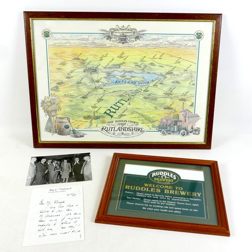 95 - A collection of Ruddles Brewery related items comprising of an illustrated map of Rutlandshire frame... 