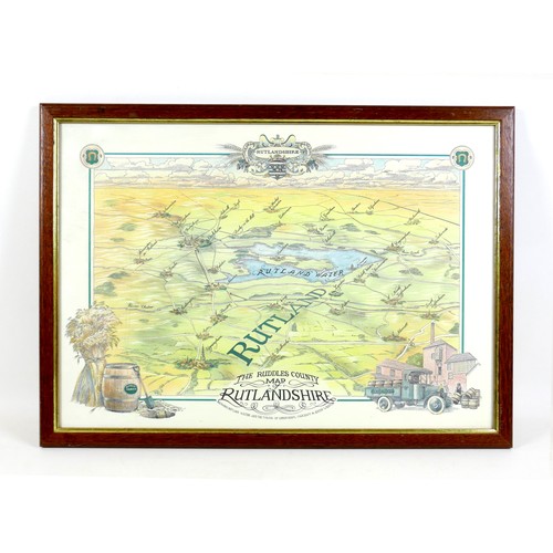 95 - A collection of Ruddles Brewery related items comprising of an illustrated map of Rutlandshire frame... 