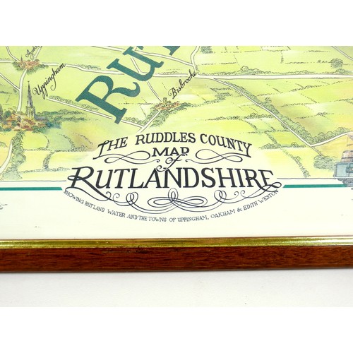 95 - A collection of Ruddles Brewery related items comprising of an illustrated map of Rutlandshire frame... 