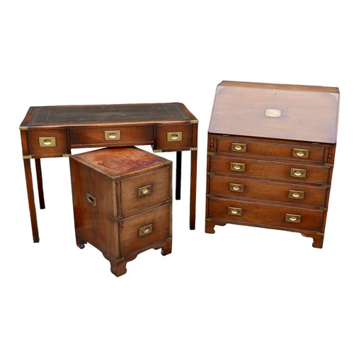 364 - A Reprodux campaign style mahogany bureau, 76 by 45 by 95cm high, black leather topped desk, 106 by ... 