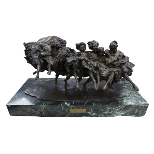 Giuseppe Renda (Italian, 1859-1939): 'Can-Can Dancers' (IL Ballo Can-Can), dated 1912, a bronze sculpture, raised on a green marble plinth, with title and date on brass plate, 54 by 24cm high.