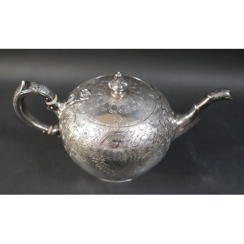 3 - A Victorian Scottish silver three piece tea service, with engraved floral decoration, presentation a... 