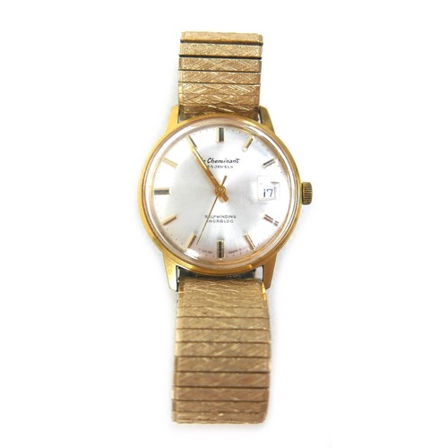 174 - A gold plated Le Cheminant self winding wristwatch, 34mm case, on a gold plated expanding bracelet s... 