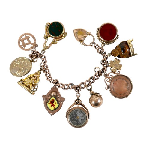 A 9ct rose gold charm bracelet, kerb link with heart shaped clasp, fitted with eleven large 9ct or higher yellow and rose gold charms, comprising bloodstone and carnelian swivel fob, 24mm wide, engraved quatrefoil shamrock, 15mm wide, hardstone buddha figure seated on a gold chair, 28mm high, circular medallion with scroll mount, 26mm wide, orb set with four red and blue stones, 14mm wide, carnelian and compass swivel fob, 23mm wide, shield fob with enamelled shield depicting a rampant lion on yellow ground, 25 by 30mm, a foliate scrolled seal with plain oval base, 26mm high, bloodstone and carnelian swivel fob, 26mm wide, oval photograph locket, 20 by 24mm, and a Masonic medallion with a rule and set square encircled by a leaf border, 20mm, 92.9g gross total weight, 16cm long.