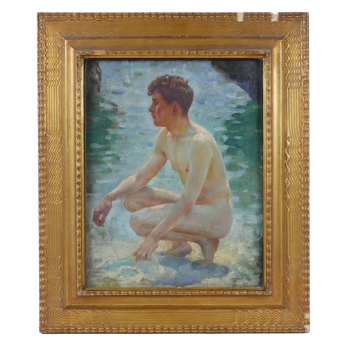 362 - Manner of Henry Scott Tuke RA RWS (British, 1858-1929): nude study of a young man, circa 1915, crouc... 