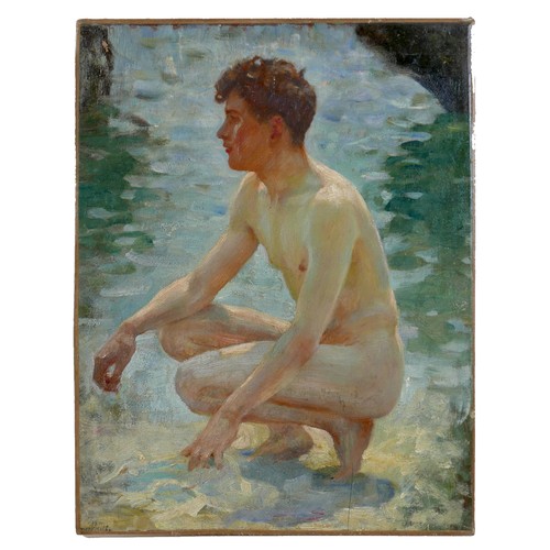 362 - Manner of Henry Scott Tuke RA RWS (British, 1858-1929): nude study of a young man, circa 1915, crouc... 