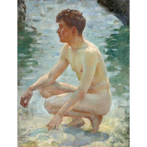 Manner of Henry Scott Tuke RA RWS (British, 1858-1929): nude study of a young man, circa 1915, crouched down looking off to the left, with his arms resting on his thighs, the model is probably Charlie Mitchell, Tuke's boat handler, unsigned, oil on panel, 39.0 by 30.0cm, in a contemporary gilt gesso frame, 53.8 by 45.4cm, with gallery label to the back 'Rowley, 140-2 Kensington W8'.
