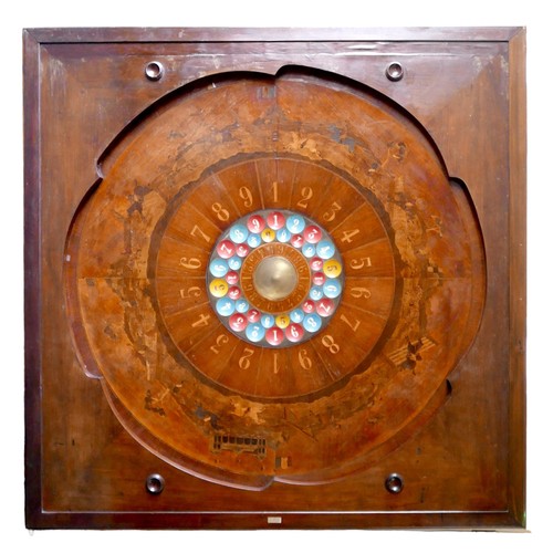 A rare 19th century French 'Jeux De Precision' casino game table top by J. A. Jost, the mahogany dished surface inlaid with a fruitwood marquetry continuous scene depicting horse racing with French and American flags, centered by coloured and numbered shallow cups to catch a ball rolled around the basin, and a mother of pearl plaque with maker's name, numbered 18753 in white and with black maker's stamp to the underside, 191 by 191 by 20cm.
Notes: this game was a very popular casino game, and a simpler version of roulette.