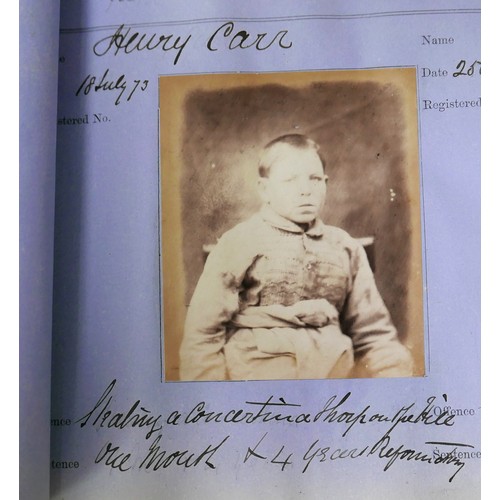 A Victorian photographic album of Falkingham Kesteven County prison inmates, dating from 1870, titled to top of page 'A photographic likeness of each prisoner as required under the Habitual Criminals Act copy of which is forwarded to the Registrar, seven days previous to being discharged.', containing over 600 portraits, each approximately 5 by 9cm, of elderly and young men and women, as well as children, some duplicates or possible repeat offenders, in green cloth folio with leather edges.
Notes: at least 62 photographs are without names or details of offences, some of these are duplicates.