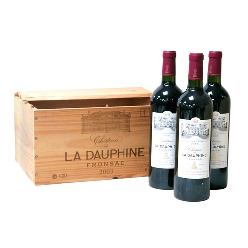 16 - Vintage wine: three bottles of 2003 Chateau de la Dauphine Fronsac, U: all above shoulder, in opened... 