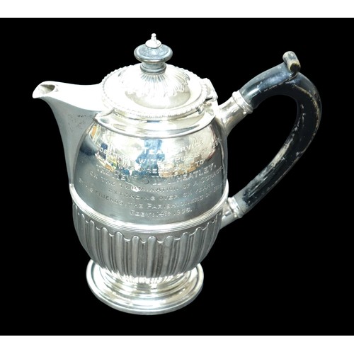 65 - A Victorian coffee pot, with presentation engraving 'THIS TEA-SERVICE TOGETHER WITH A PURSE OF £280 ... 