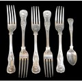 Six pieces of Victorian Kings pattern flatware, including a set of four forks, Mary Chawner, London ... 
