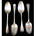 Four George II and later silver table spoons, comprising two rat tail pattern spoons, Alexander Gard... 