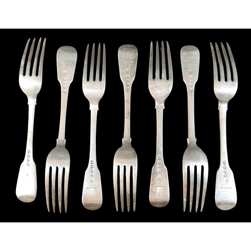 64 - Seven Victorian fiddle pattern table forks, with armorial crests, Elizabeth Eaton, London 1847, 17.5... 