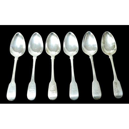 61 - Six George III table spoons, comprising six fiddle pattern table spoons, with armorial crest to term... 