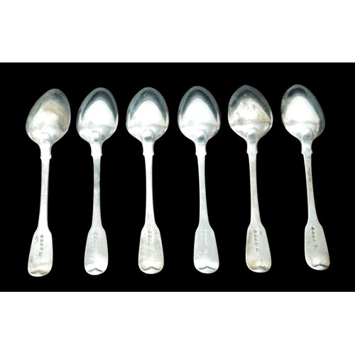 61 - Six George III table spoons, comprising six fiddle pattern table spoons, with armorial crest to term... 