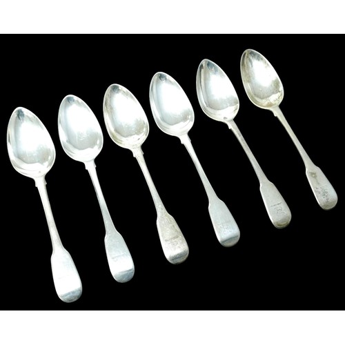 61 - Six George III table spoons, comprising six fiddle pattern table spoons, with armorial crest to term... 