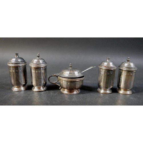 24 - Five assorted silver cruet pieces, a plated Thistle cruet and a boxed plated cruet, weighable silver... 