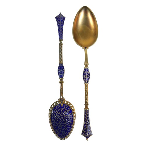 4 - David Andersen for Tiffany & Co, a thirteen piece silver gilt and enamel tea spoon and strainer set,... 
