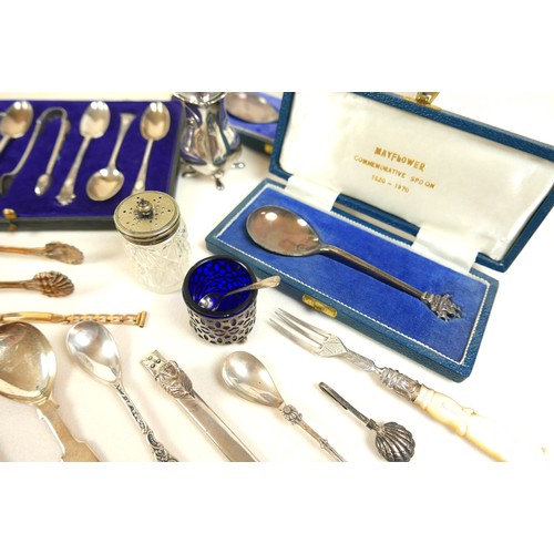 39 - A mixed collection of silver items, including two 'Mayflower' commemorative spoons, a cased set of A... 