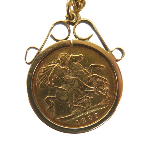 92 - A Victoria Veiled Old Head gold half sovereign, 1899, in a 9ct gold pendant coin mount, 20.5mm, and ... 