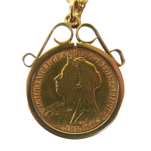 92 - A Victoria Veiled Old Head gold half sovereign, 1899, in a 9ct gold pendant coin mount, 20.5mm, and ... 