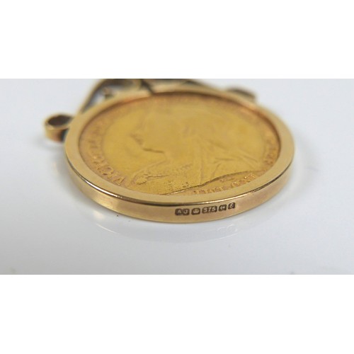 92 - A Victoria Veiled Old Head gold half sovereign, 1899, in a 9ct gold pendant coin mount, 20.5mm, and ... 