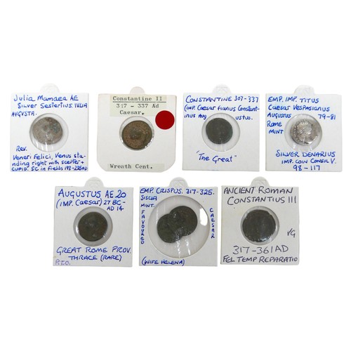 88 - A group of eight ancient Roman coins, including a silver Denarius Caesar Vespasianus Augustus Rome m... 