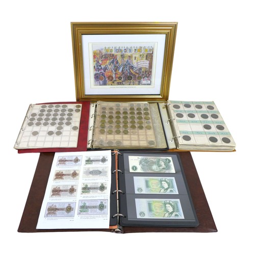 90 - A collection of coins and banknotes, mainly UK silver, brass and copper, in four albums, and a frame... 