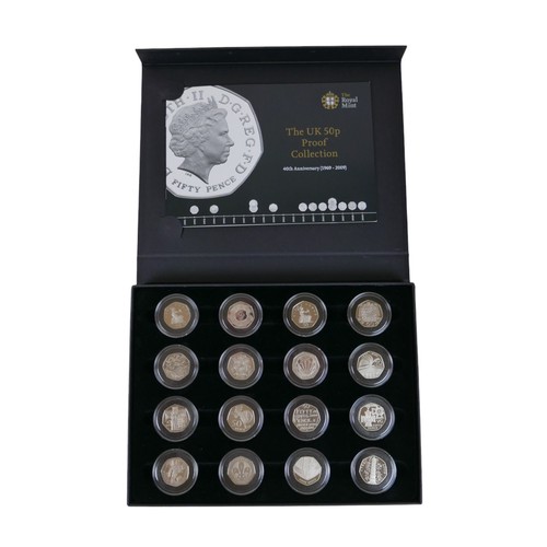 97 - A Royal Mint 40th anniversary (1969-2009) UK 50p proof collection of sixteen coins, including Kew ga... 