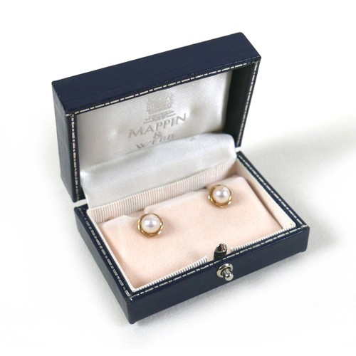 252 - A pair of Mappin & Webb 18ct yellow gold and pearl stud earrings, each set with 6.5mm pearl in twist... 