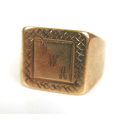 253 - Two 9ct yellow gold signet rings, one with square face engraved 'DWA', 14.1mm, size U, 11.3g, the ot... 