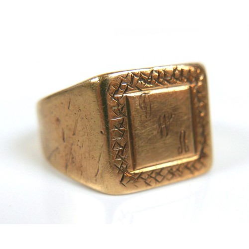 253 - Two 9ct yellow gold signet rings, one with square face engraved 'DWA', 14.1mm, size U, 11.3g, the ot... 