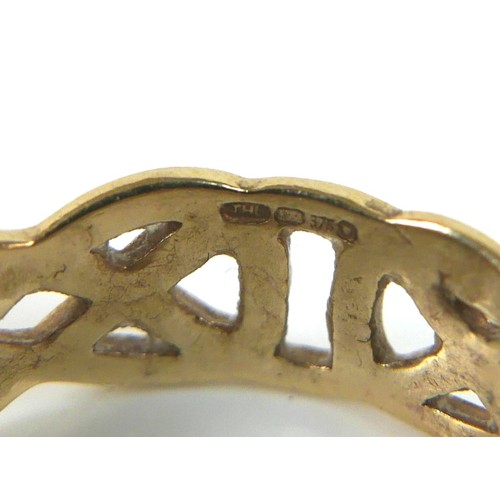 158 - A group of three 9ct yellow gold rings, one with pierced Celtic knot style design, 7.5mm wide, size ... 