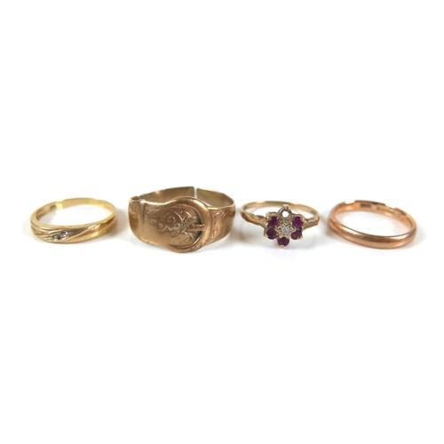 170 - Four 9ct gold rings, total 6.7 g, band size I. (4)