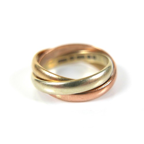 185 - A 9ct tri-colour gold 'Russian' style wedding ring, formed of three interlocking bands, size H, 4.2g... 