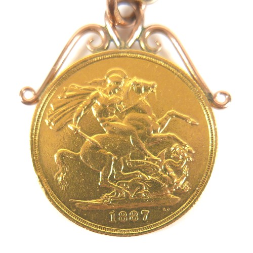 299 - A Victorian gold double sovereign, 1887, with pendant mount on a 9ct gold chain, 66cm long, total we... 