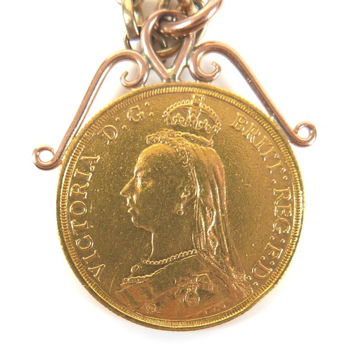 299 - A Victorian gold double sovereign, 1887, with pendant mount on a 9ct gold chain, 66cm long, total we... 